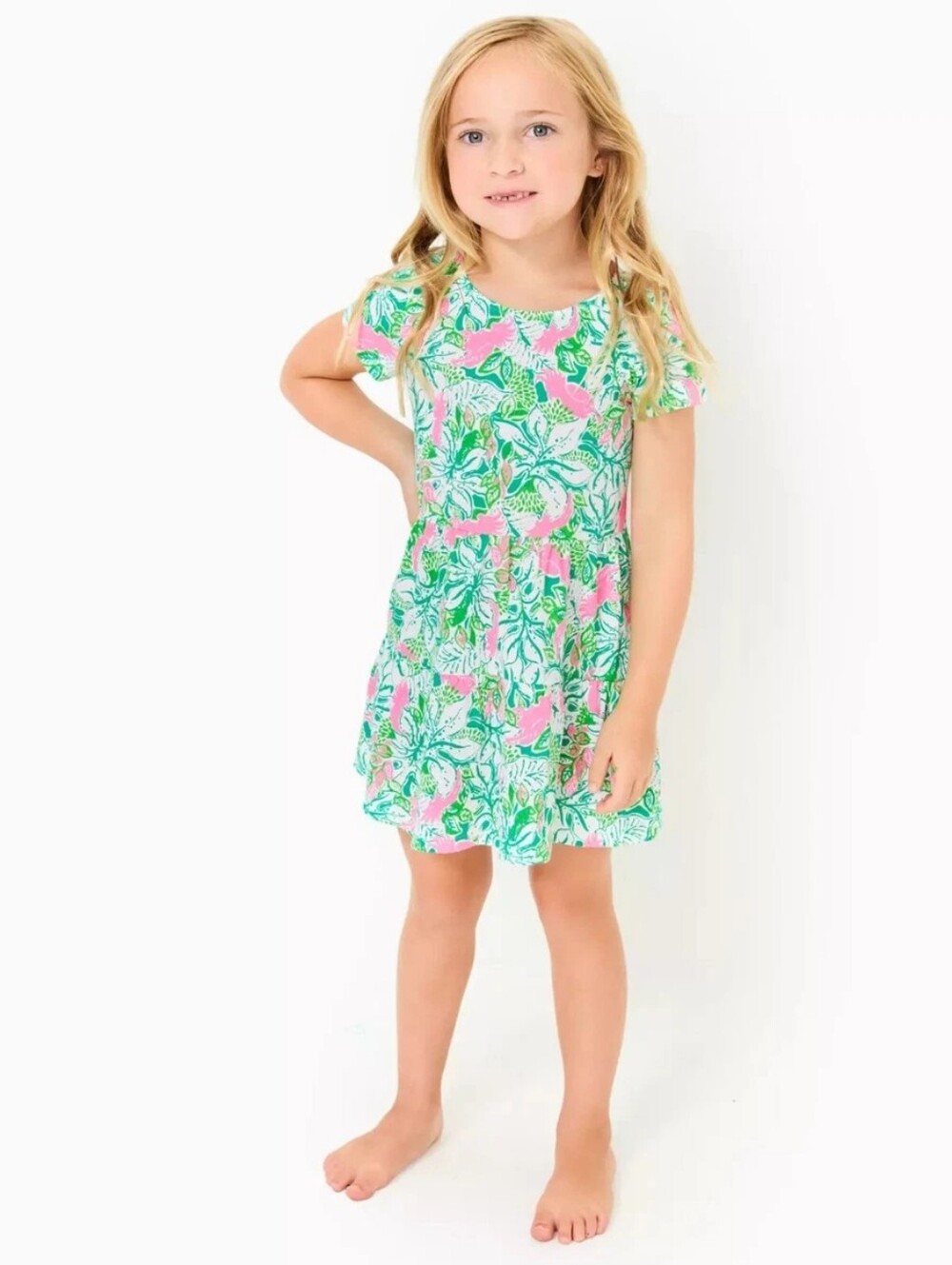 Lilly Pulitzer Girls Mini Geanna Swing Dress  Botanical Print Green/Pink - S 4-5